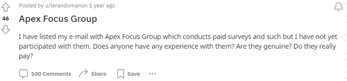 A Redditor asking for other people's experiences with Apex Focus Group. 