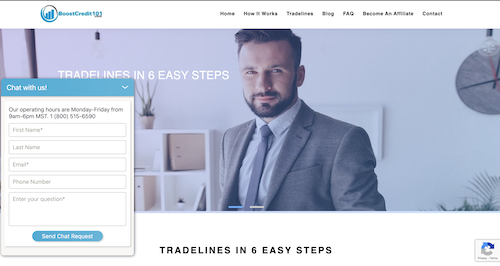 The BoostCredit101 homepage explaining how you can buy tradelines in 6 easy steps and displaying a chat box where you can chat with a representative. 