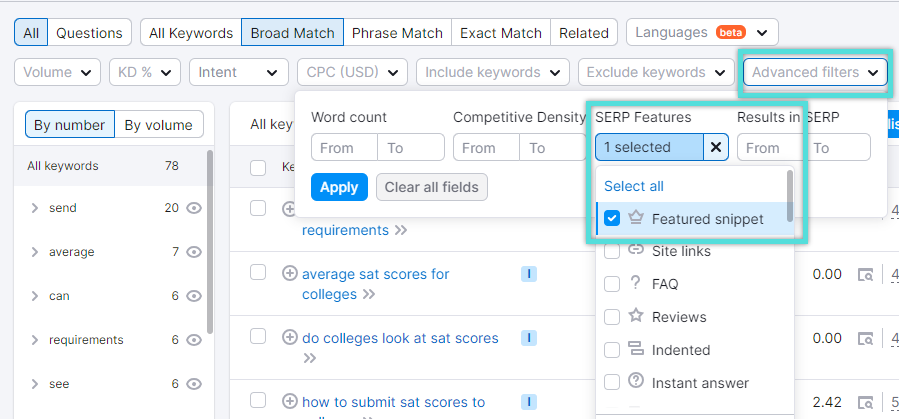 Semrush keyword magic tool filtering for featured snippet opportunities