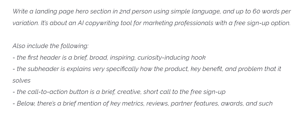 AI website copy example prompt