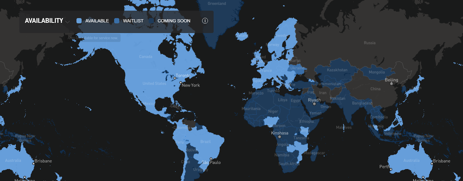 Global map of starlink availability.