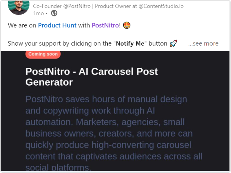 Postnitro launch on Product hunt